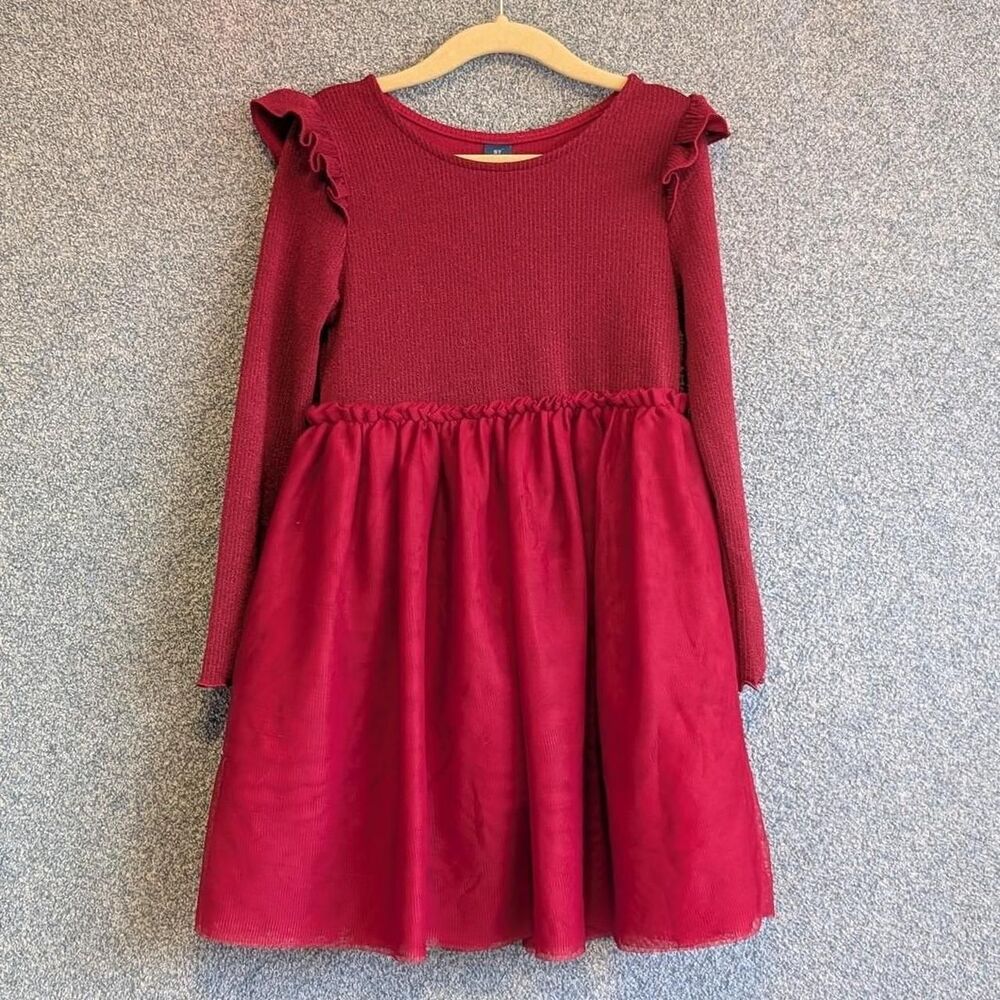 Old Navy Girls Size 5T Aurora Red Fit & Flare Ribbed Knit Long Sleeve Tutu Dress